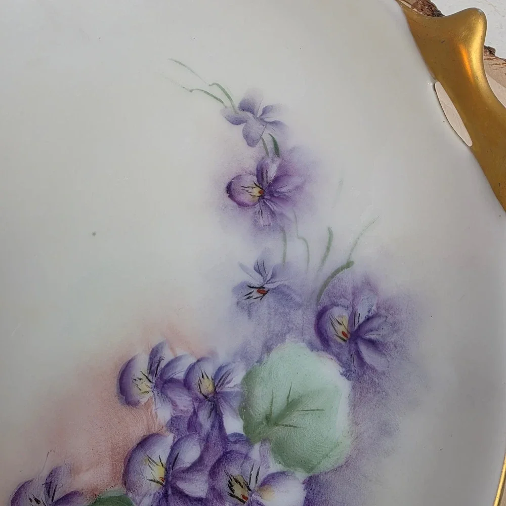 Antique Hutschenreuther Hand‎ Painted Porcelain Violet Cake Plate Gold Handles